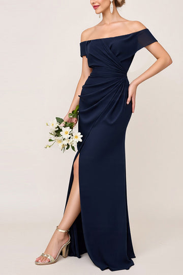 Off the Shoulder Ruched Sheath Navy Bridesmaid Dress with Slit